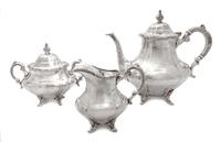 An American Silver Three-Piece Coffee Service, Reed & Barton, Taunton, MA, comprising a coffee pot, a creamer and a covered sugar.