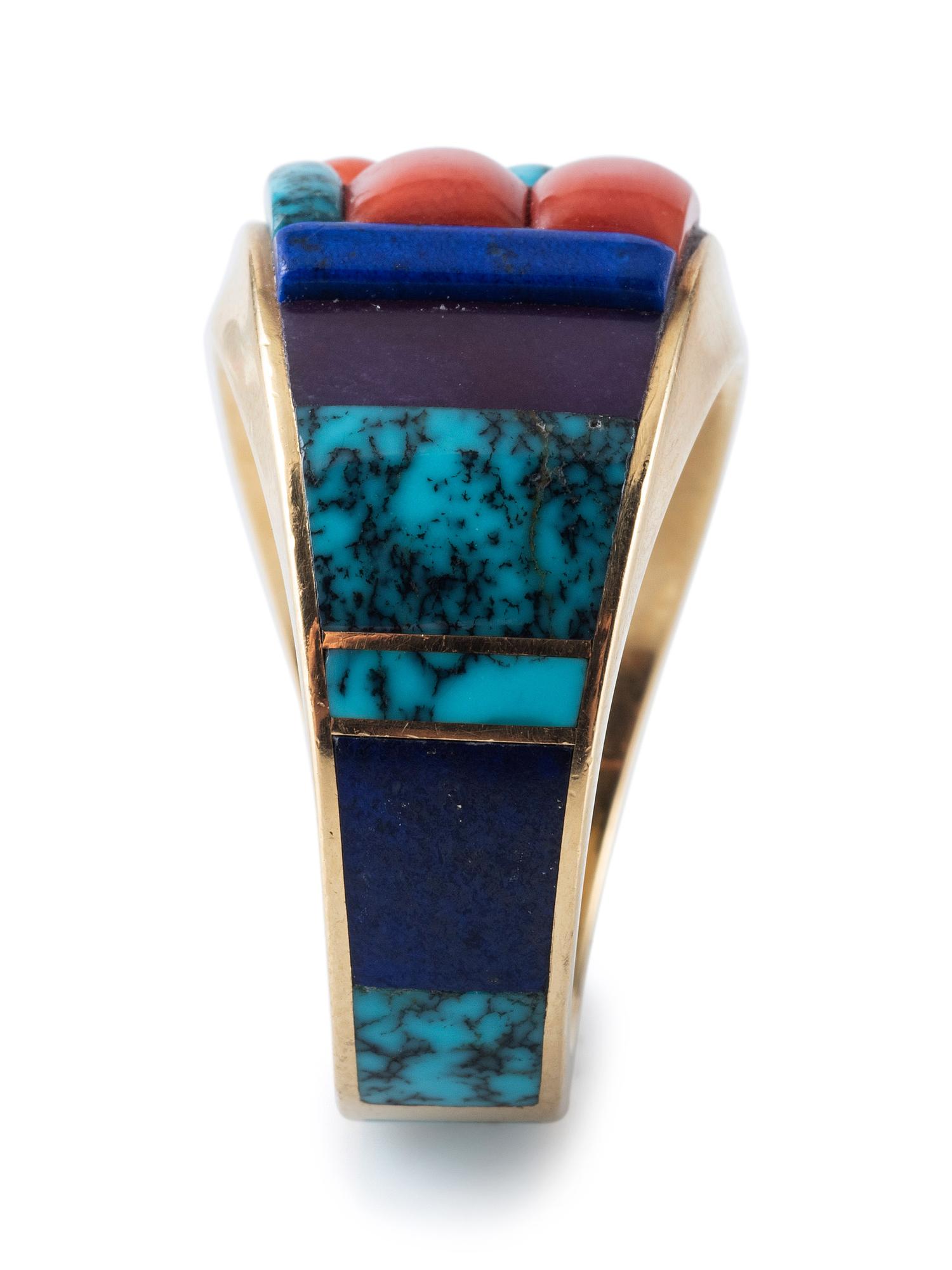 18K Gold Ring, Set with Turquoise, Coral, Lapis, and Sugilite