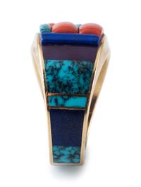 18K Gold Ring, Set with Turquoise, Coral, Lapis, and Sugilite