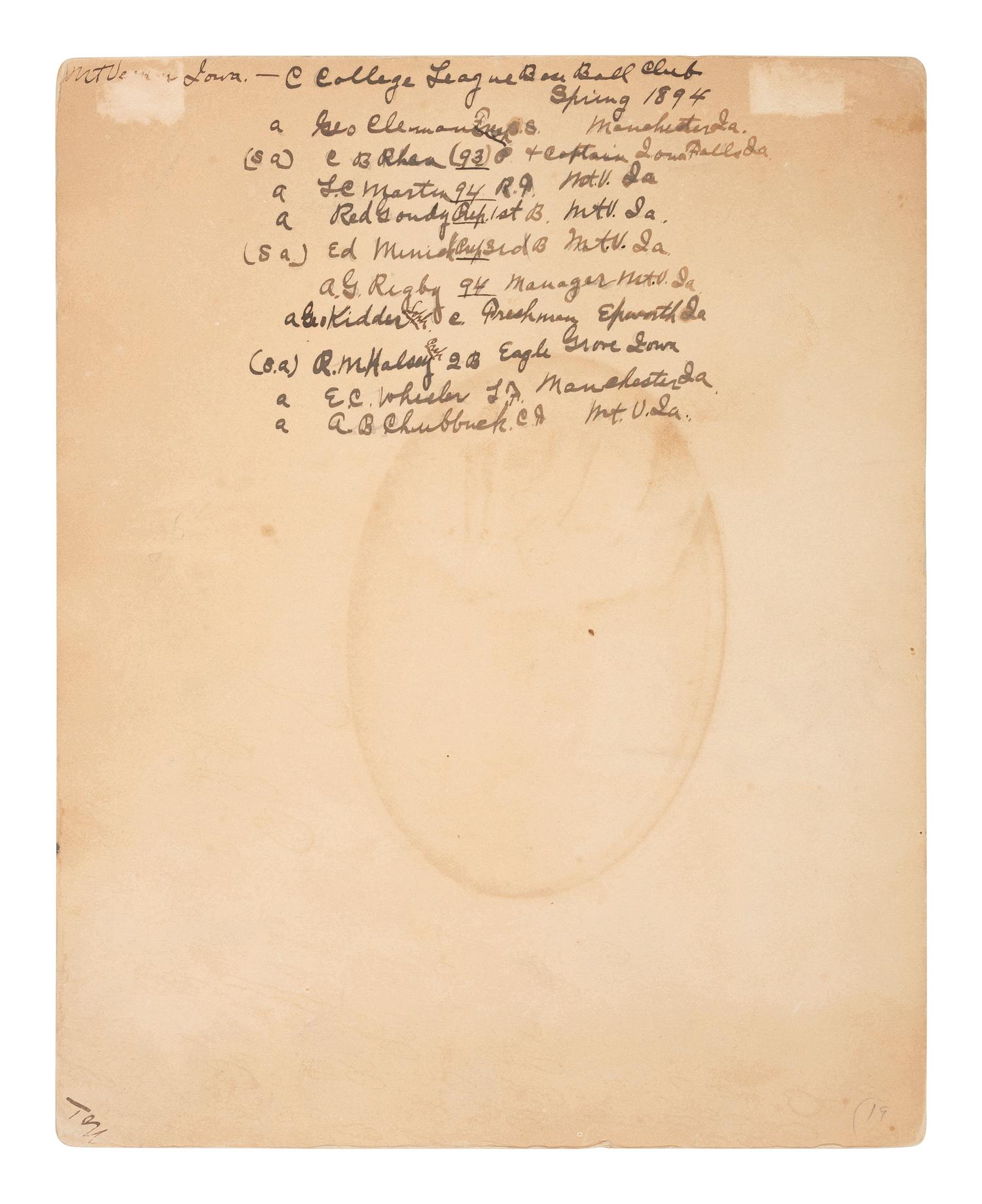 Baseball Mounted albumen photograph of Cornell's "College League Base Ball Club Spring 1894" with players identified on verso.