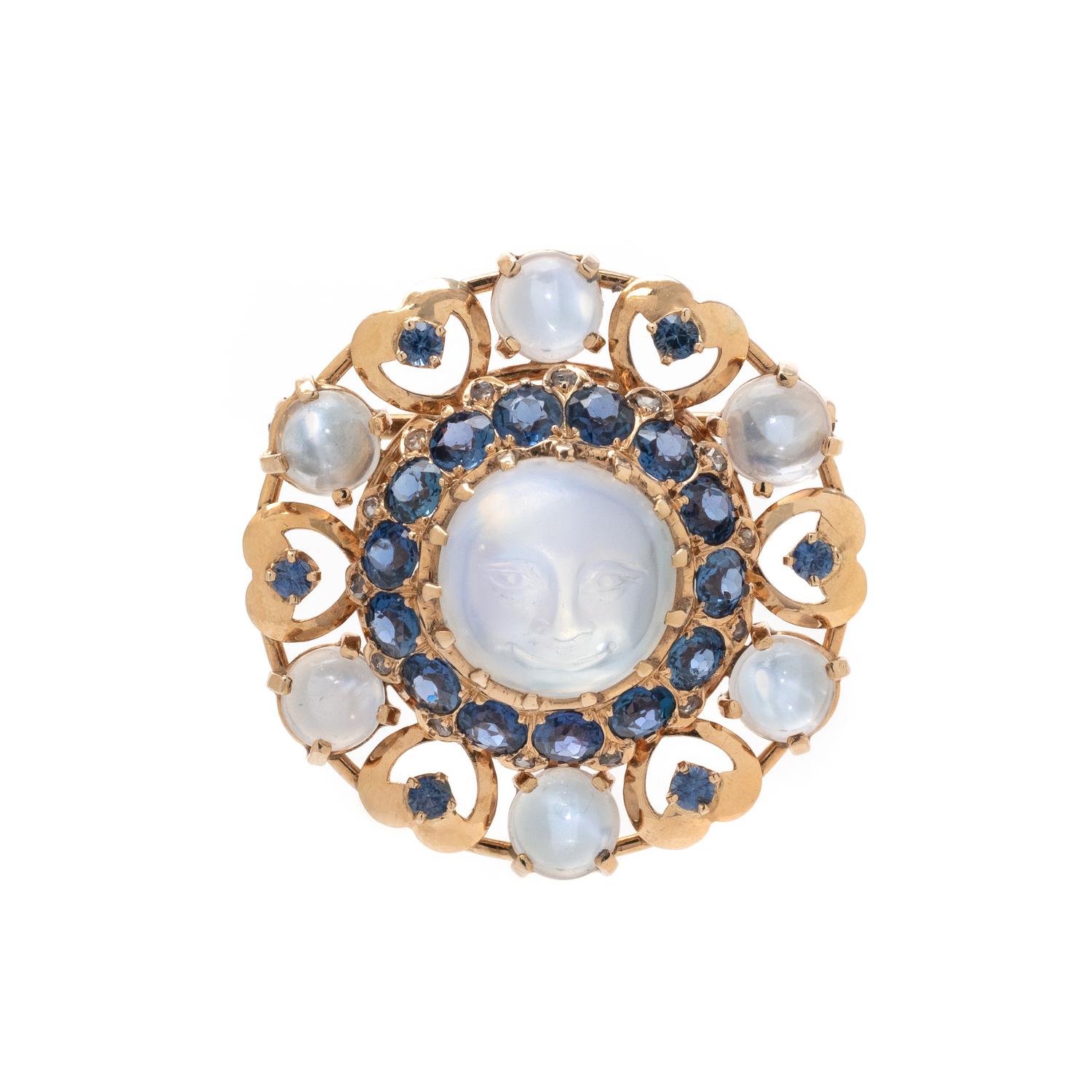 MOONSTONE, SAPPHIRE AND DIAMOND BROOCH