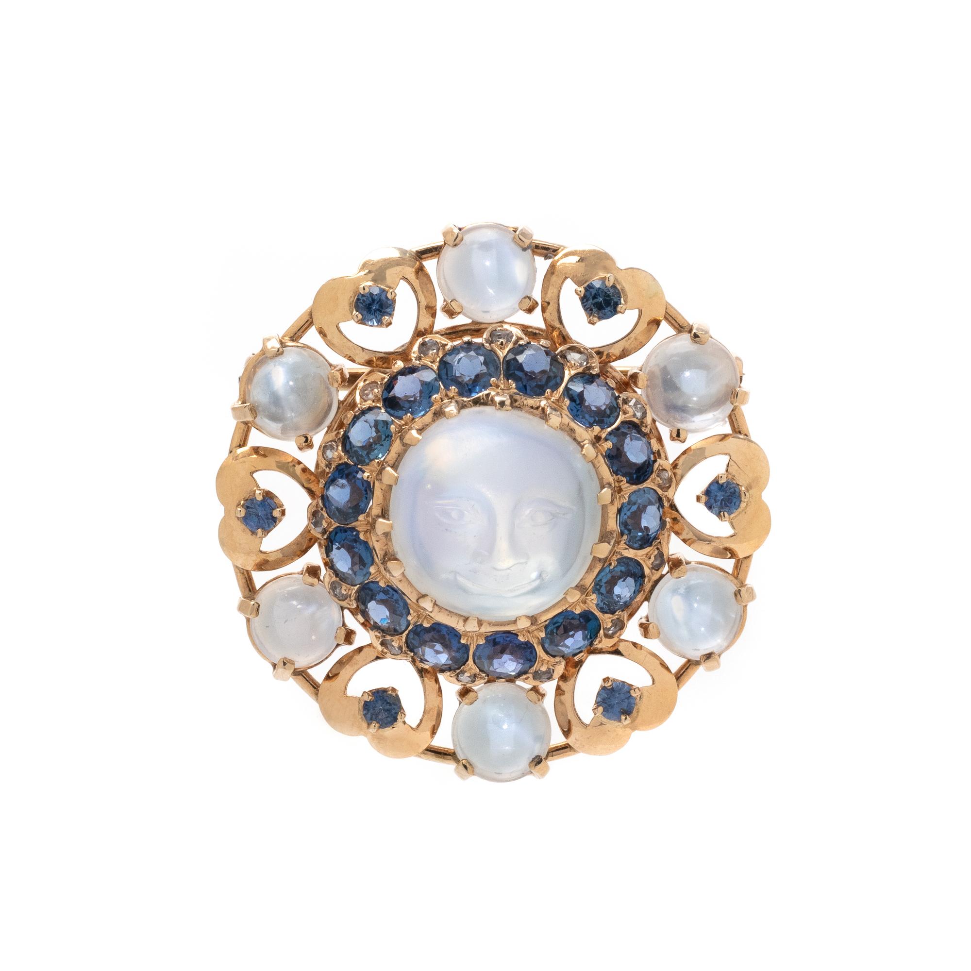 MOONSTONE, SAPPHIRE AND DIAMOND BROOCH
