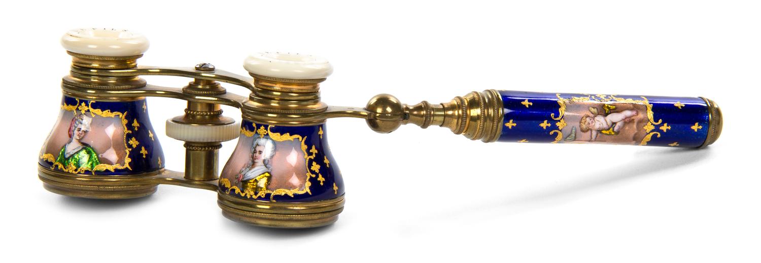 A Pair of French Enameled Opera Glasses, Lefils, Width 3 7/8 inches.