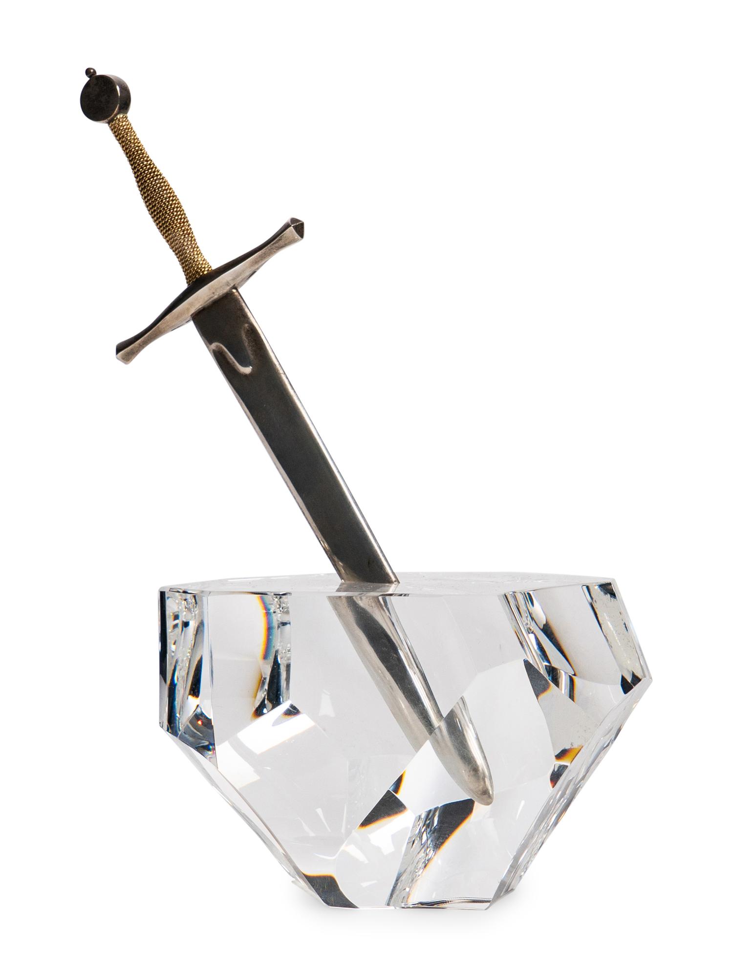 A Steuben Glass, Sterling Silver and 18 Karat Gold Excalibur Sculpture