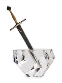 A Steuben Glass, Sterling Silver and 18 Karat Gold Excalibur Sculpture