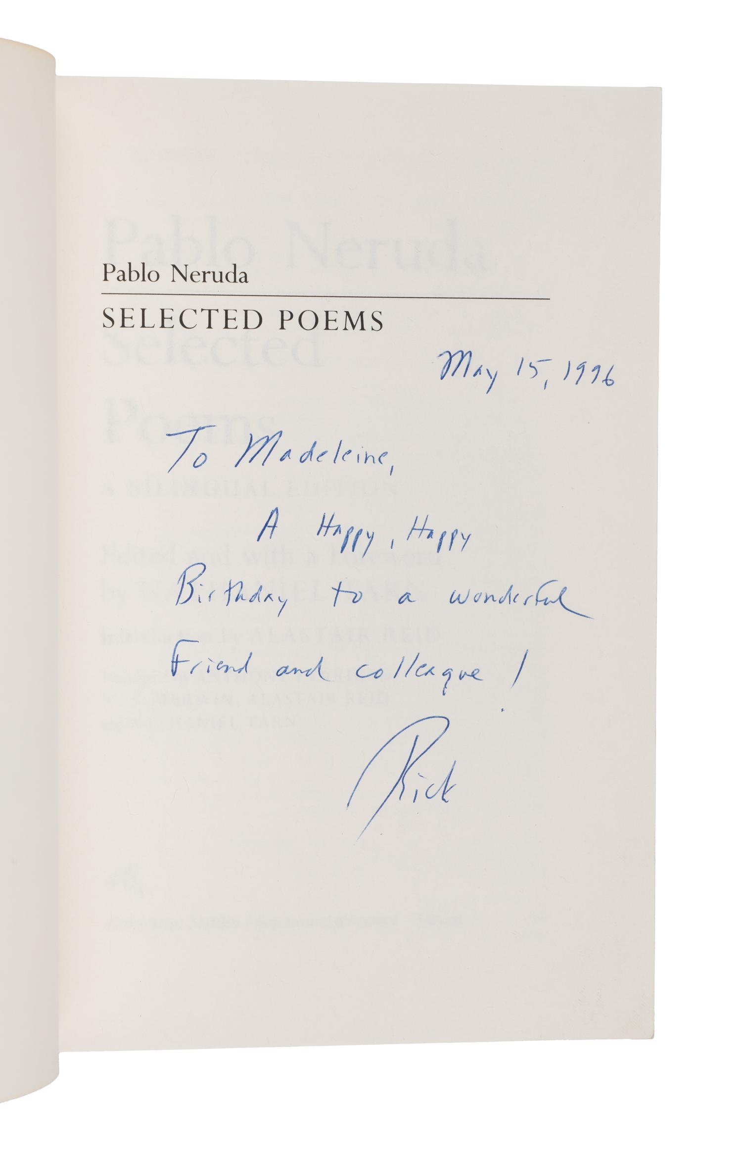 NERUDA, Pablo. Selected Poems. 1990. GIFT INSCRIPTION TO SECRETARY ALBRIGHT.