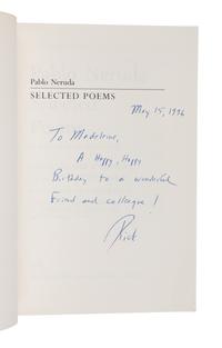 NERUDA, Pablo. Selected Poems. 1990. GIFT INSCRIPTION TO SECRETARY ALBRIGHT.