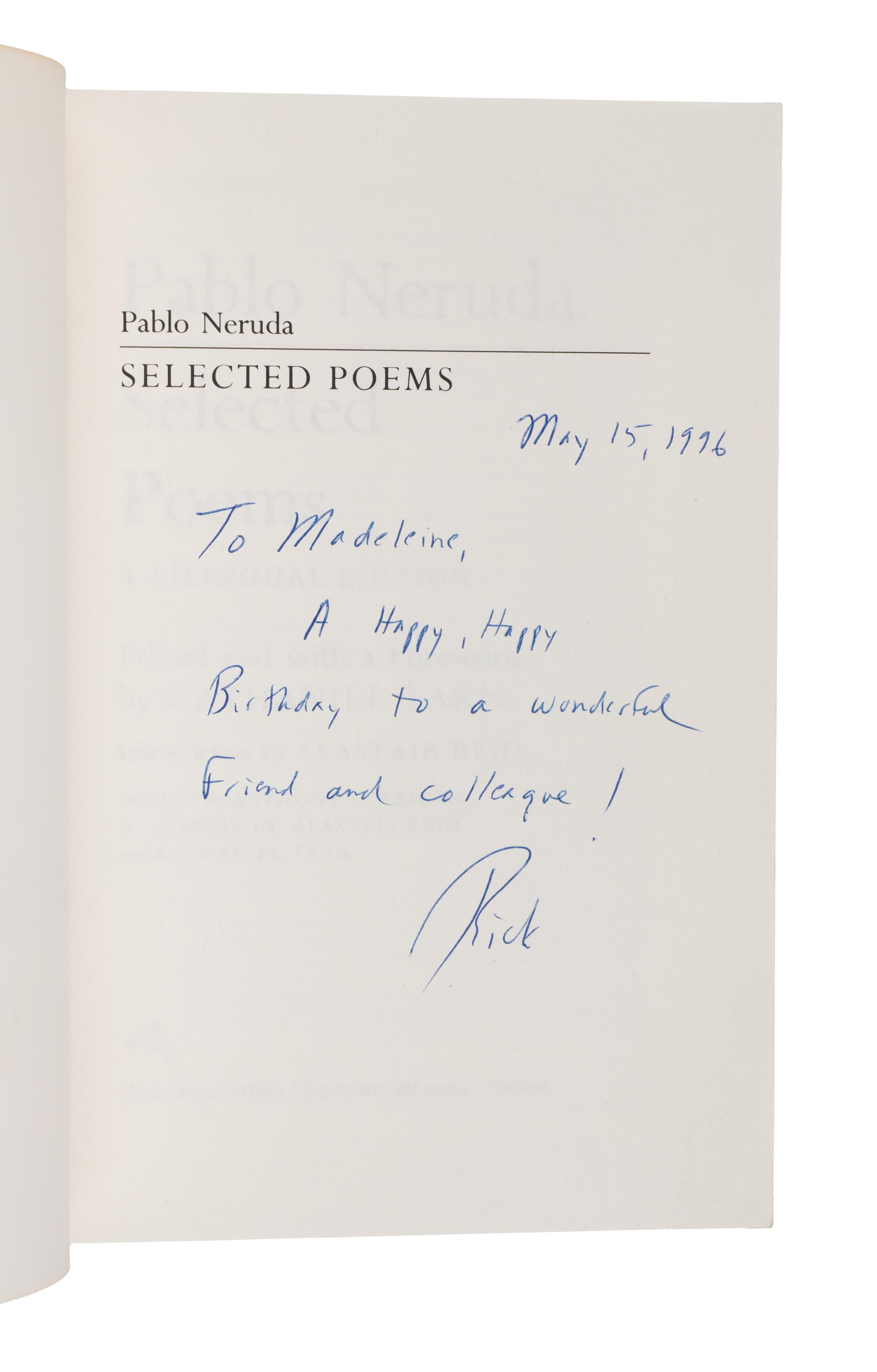 NERUDA, Pablo. Selected Poems. 1990. GIFT INSCRIPTION TO SECRETARY ALBRIGHT.