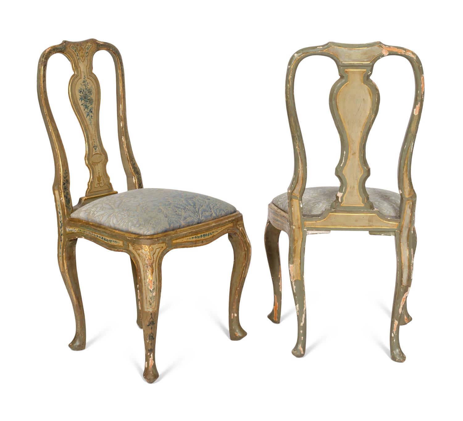 A Set of Six Italian Rococo Polychrome-Painted and Parcel-Gilt Dining Chairs