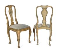 A Set of Six Italian Rococo Polychrome-Painted and Parcel-Gilt Dining Chairs
