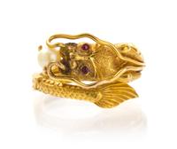 An 18 Karat Yellow Gold, Cultured Pearl and Ruby Ring, 3.90 dwts.