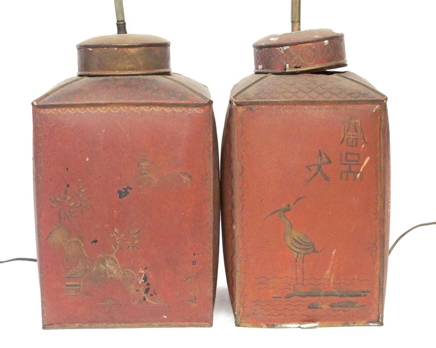 Pair of Chinese Export toleware tins fitted as lamps 19th century