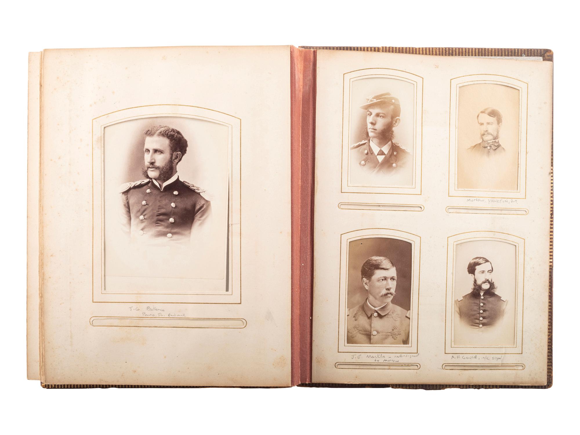 [LATE INDIAN WARS]. Photo album identified to Oskaloosa M. Smith, 22nd US Infantry, containing CDVs and cabinet cards of civilians and officers, some identified, incl. images by S.J. Morrow.