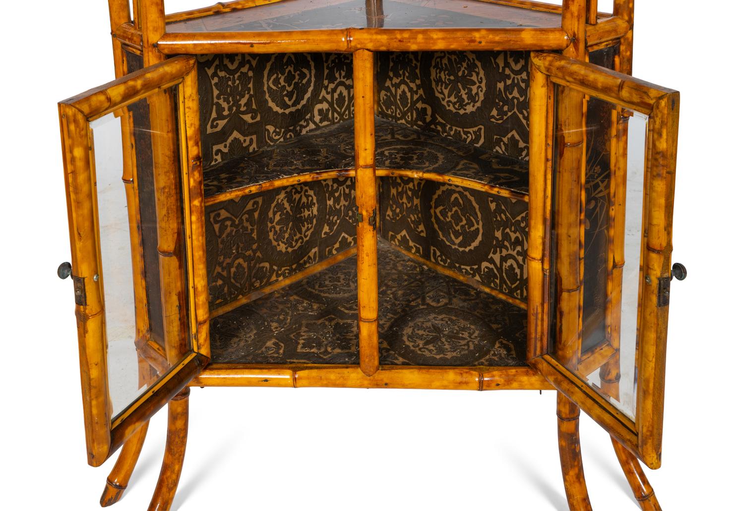 An Edwardian Chinoiserie Decorated Bamboo Corner Cabinet