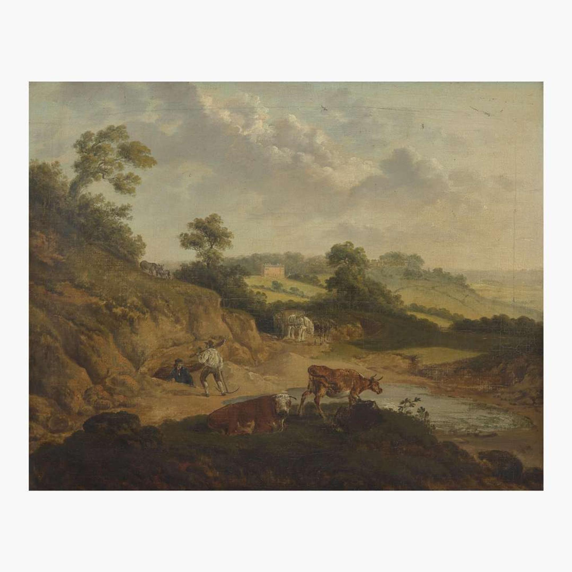 Attributed to Thomas Hand (British, 1771–1804) Extensive Landscape with Figures, Cattle, Horses and Donkeys, with Building in Distance