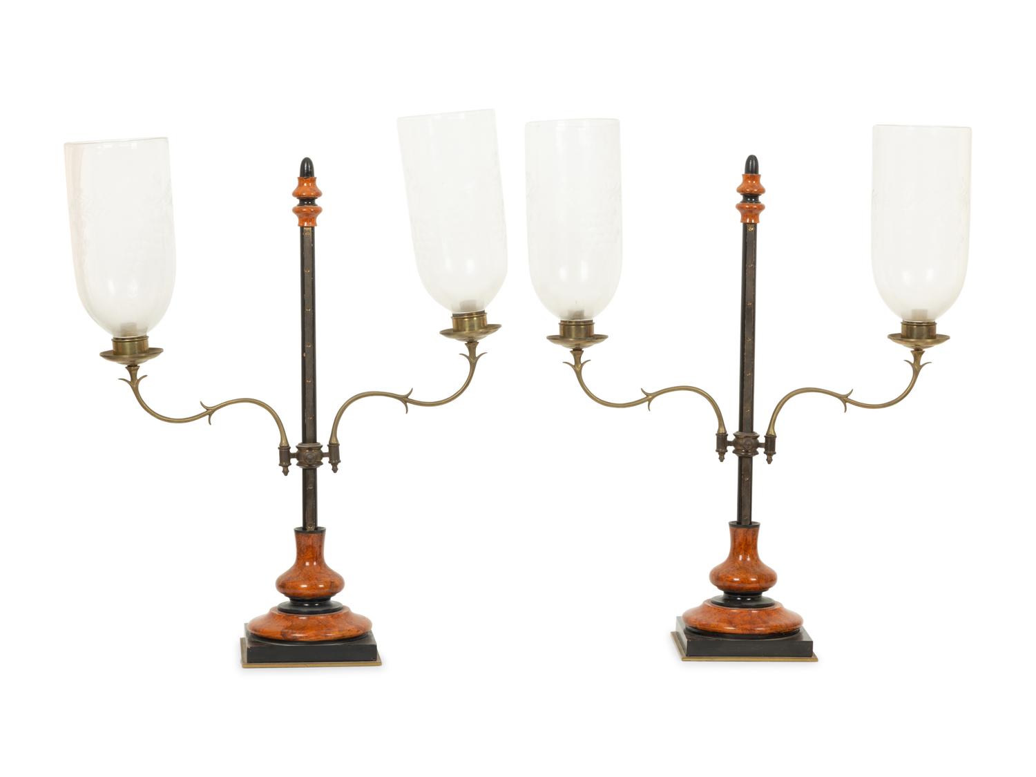 A Pair of Treen and Steel Hurricane Lamps with Etched Glass Shades