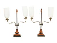 A Pair of Treen and Steel Hurricane Lamps with Etched Glass Shades