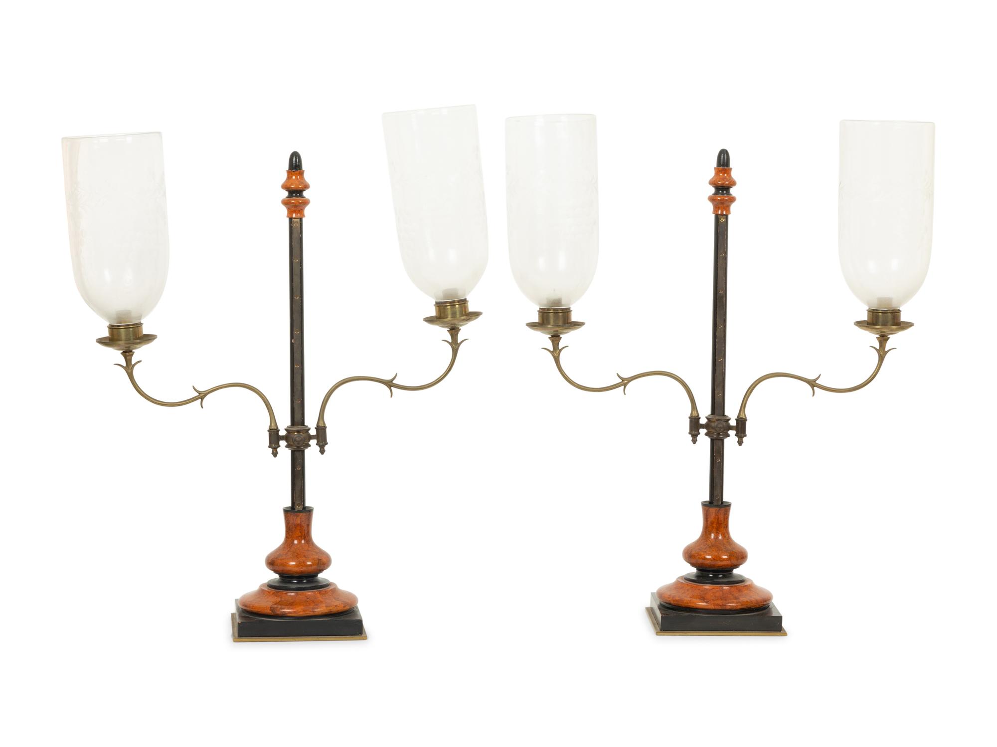 A Pair of Treen and Steel Hurricane Lamps with Etched Glass Shades