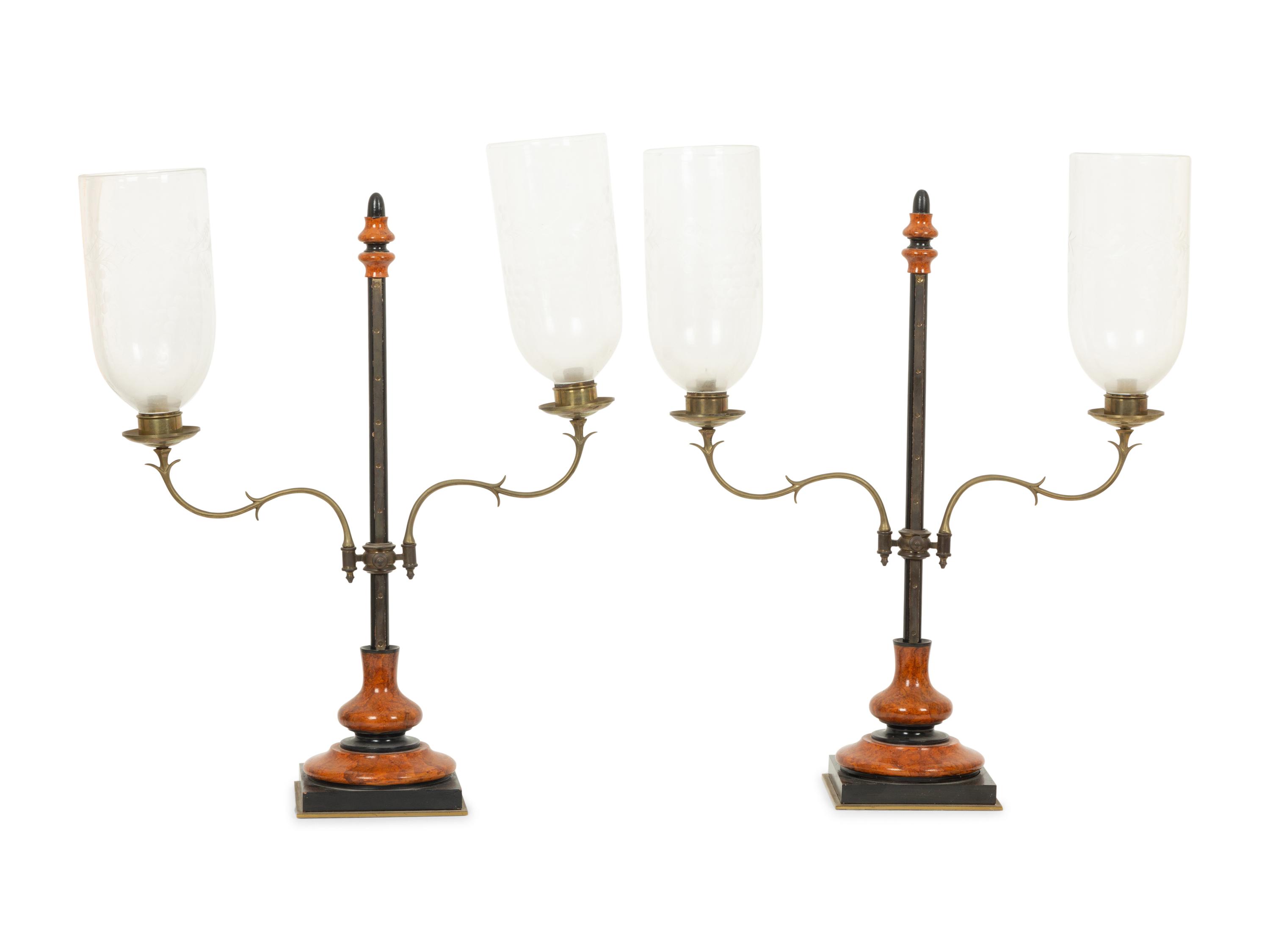 A Pair of Treen and Steel Hurricane Lamps with Etched Glass Shades