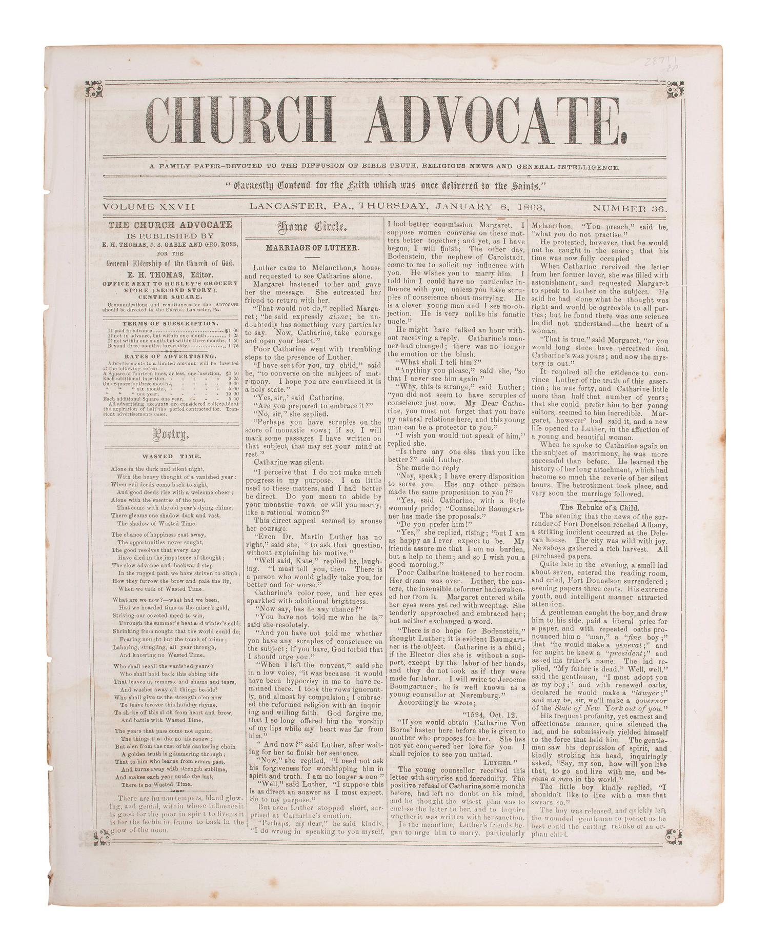 [EMANCIPATION PROCLAMATION]. The Weekly Church Advocate . Vol. XXVII, No. 36. Lancaster, PA: E.H. Thomas, J.S. Gable and Geo. Ross, 8 January 1863.