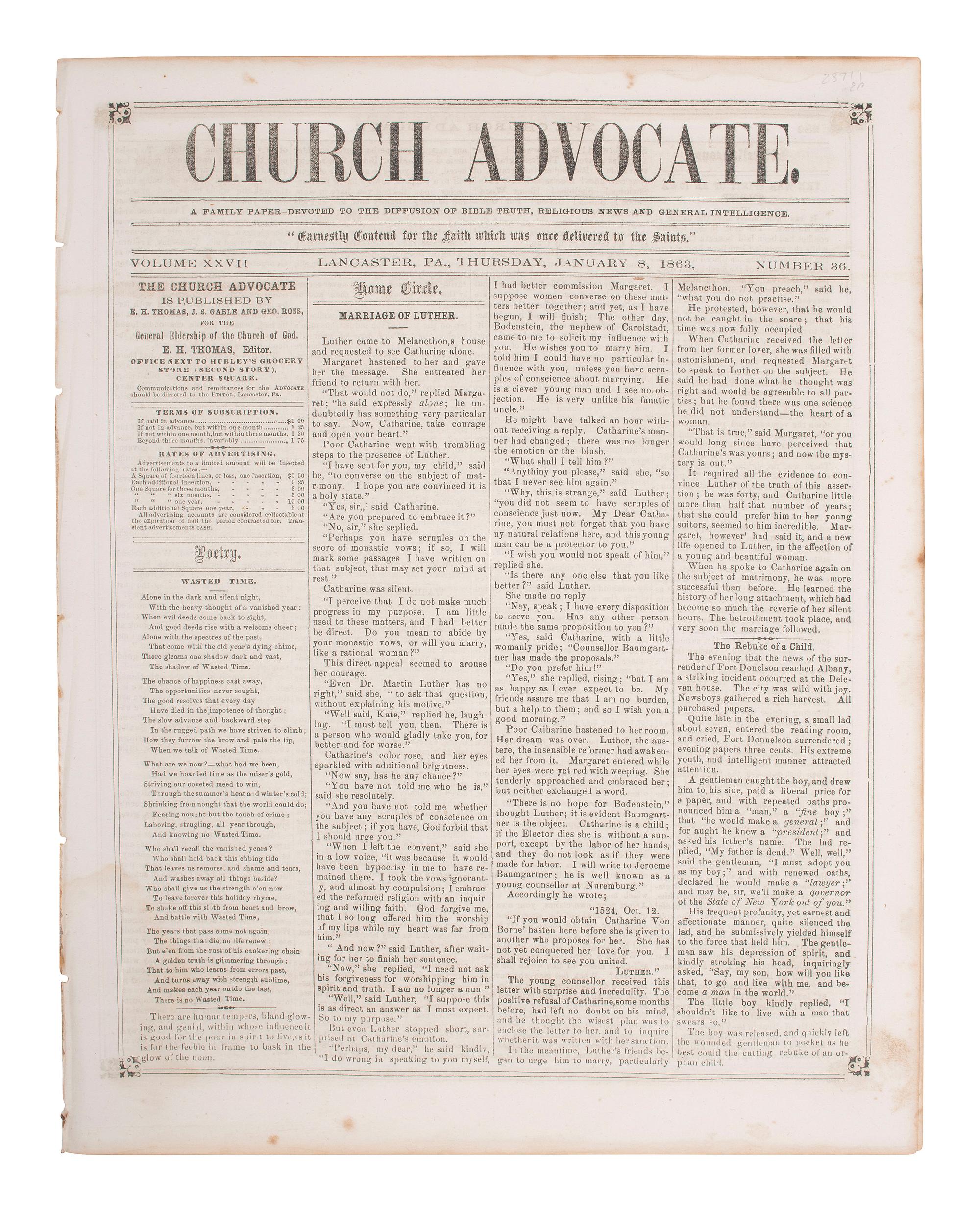 [EMANCIPATION PROCLAMATION]. The Weekly Church Advocate . Vol. XXVII, No. 36. Lancaster, PA: E.H. Thomas, J.S. Gable and Geo. Ross, 8 January 1863.