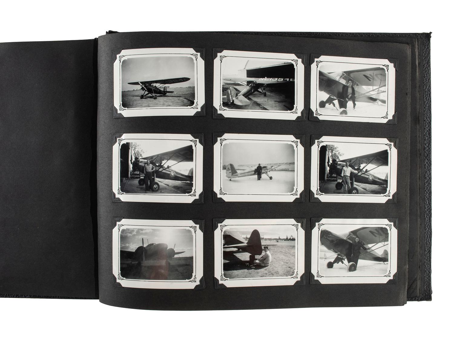 [AVIATION] -- [EARLY PHOTOGRAPHY]. Personal album featuring over 125 photographs of airplanes and pilots as well as other modes of transportation, snapshots, and travel views. Ca 1930s-1940s.