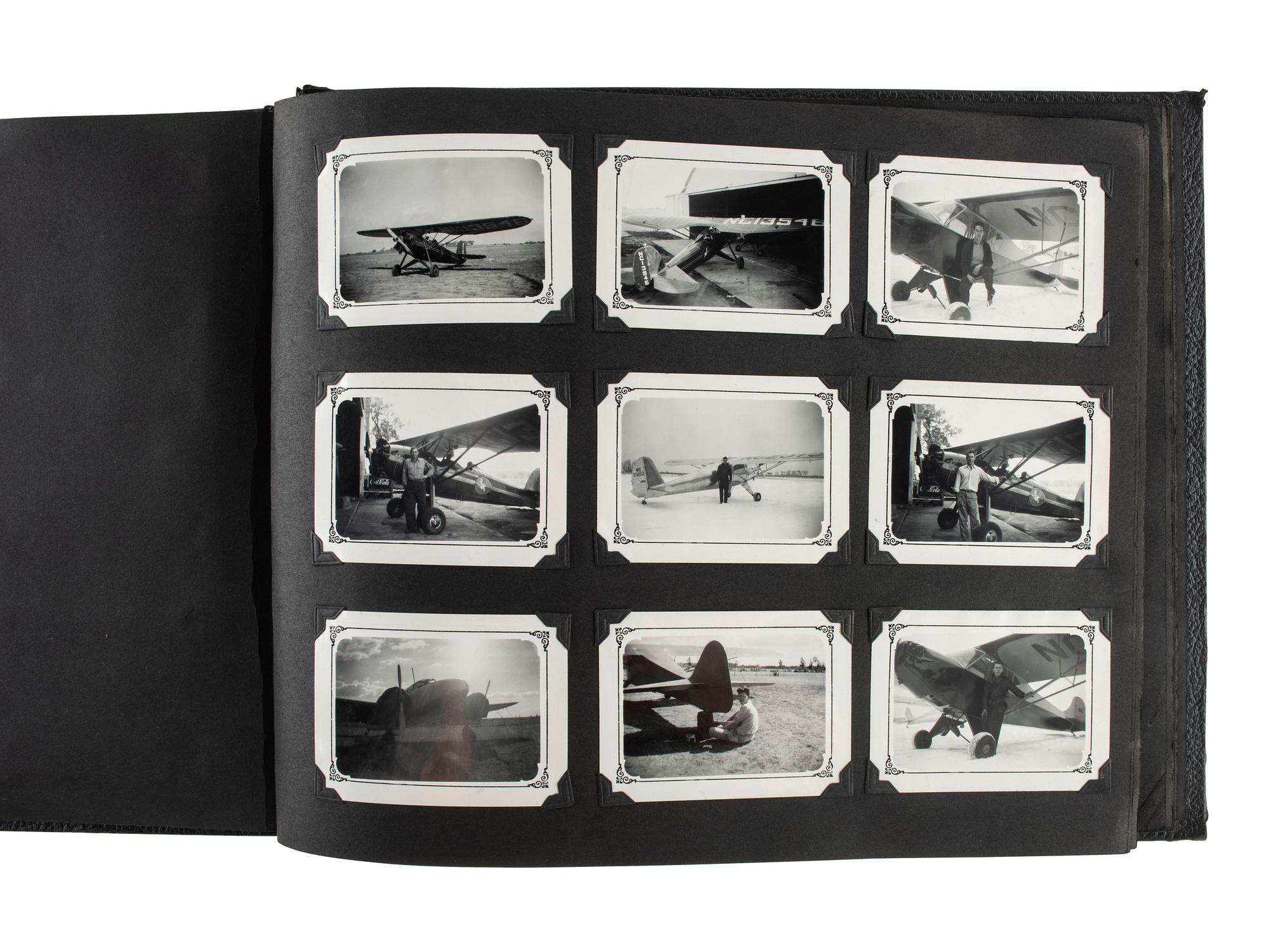 [AVIATION] -- [EARLY PHOTOGRAPHY]. Personal album featuring over 125 photographs of airplanes and pilots as well as other modes of transportation, snapshots, and travel views. Ca 1930s-1940s.