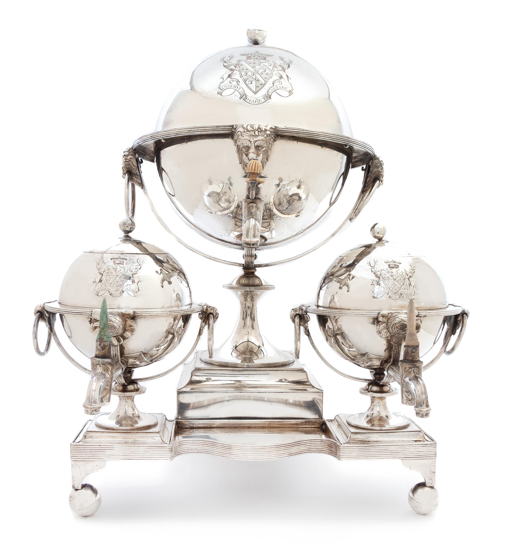 A Sheffield Plate Three-Piece Tea and Coffee Service Height 21 inches. — 19TH CENTURY