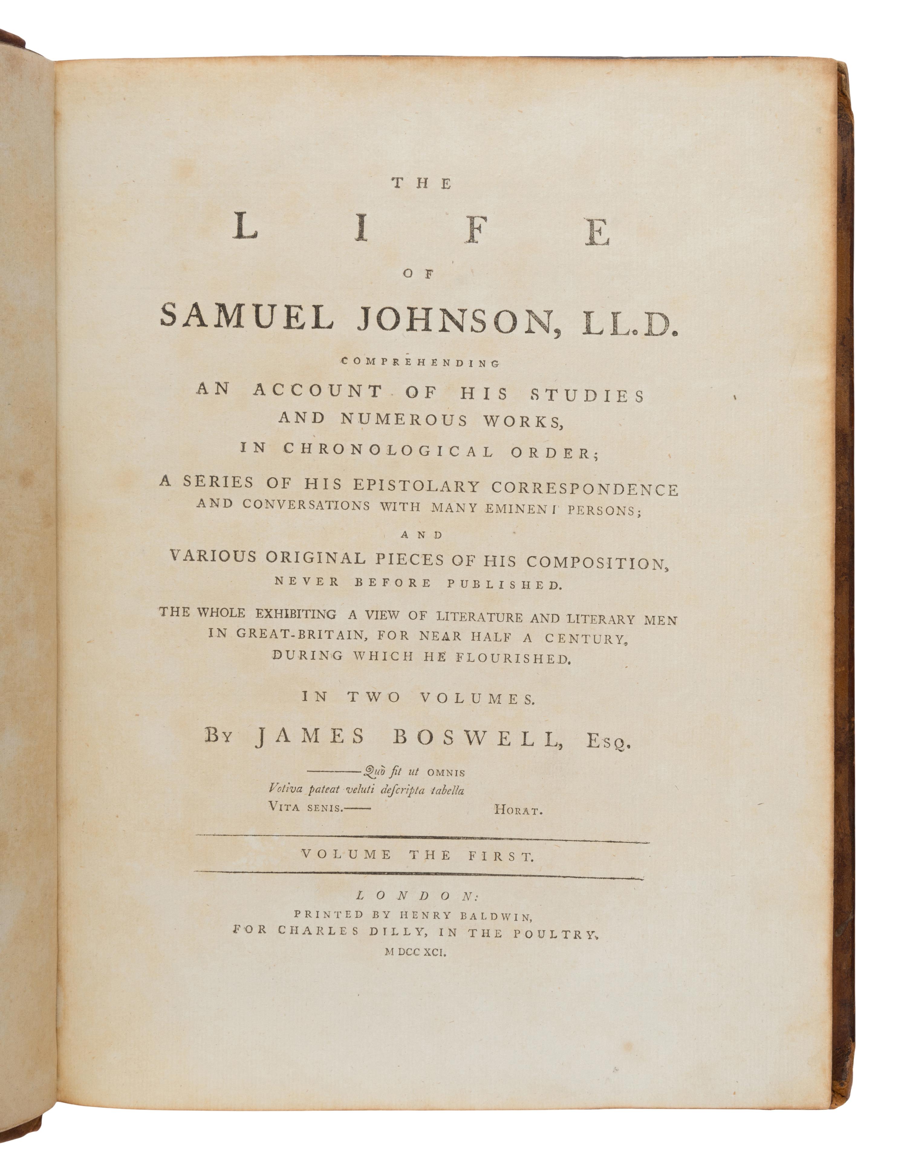 Boswell, James (1740-1795). The Life of Samuel Johnson . London: Henry Baldwin for Charles Dilly, 1791.