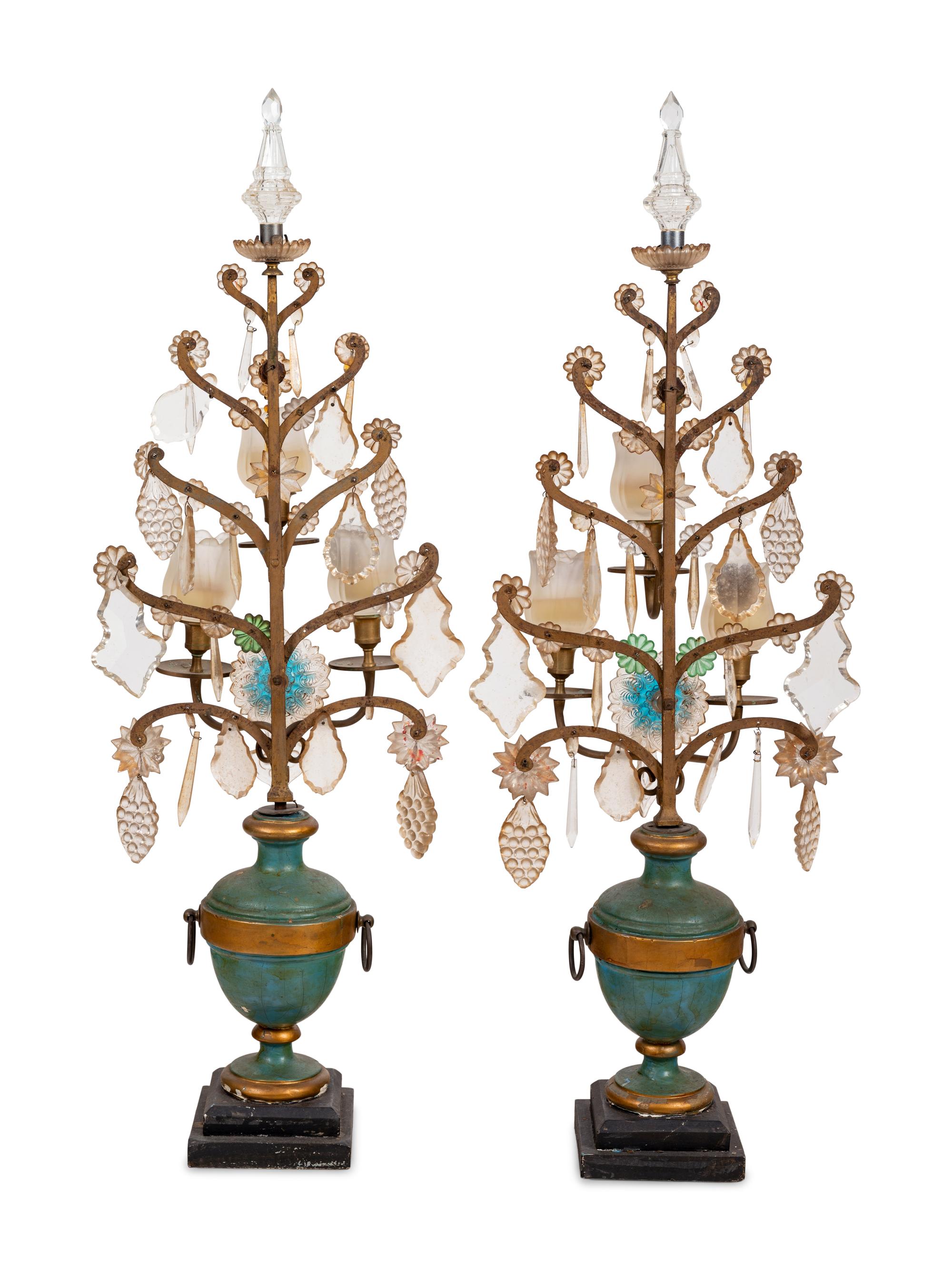 A Pair of Italian Painted Wood and Glass Three-Light Candelabra