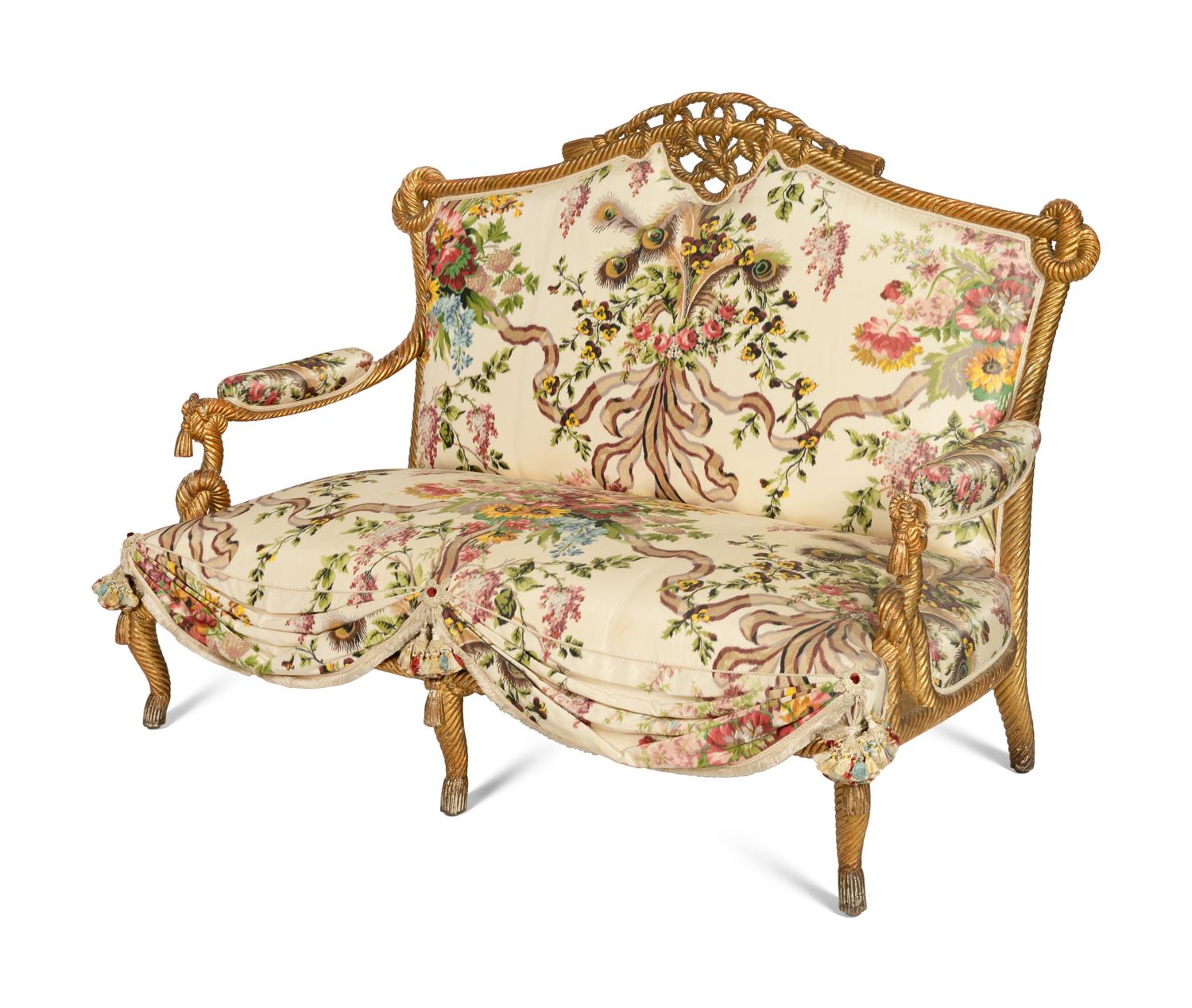 A South Italian Giltwood Canapé with Clarence House and Scalamandré Silk Upholstery