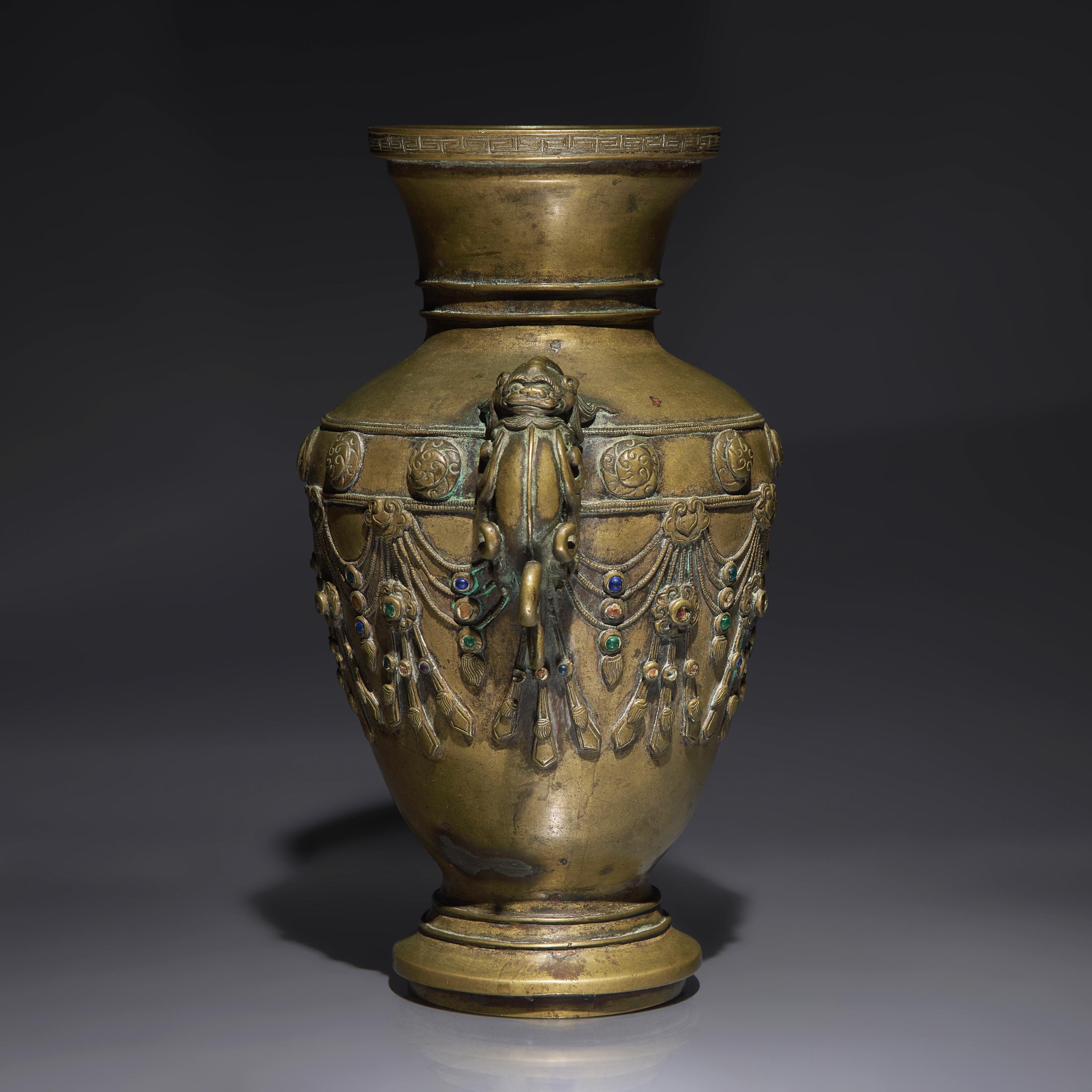 A Chinese Embellished Bronze Vase, Late Ming to Early Qing Dynasty, 17th/18th Century — 明末清初 銅嵌寳瓔珞雙耳瓶