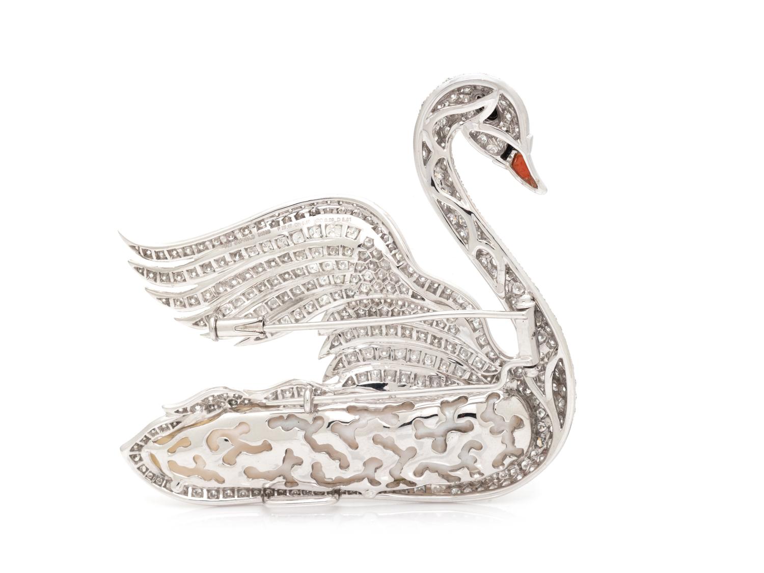 DIAMOND AND BAROQUE CULTURED PEARL SWAN BROOCH