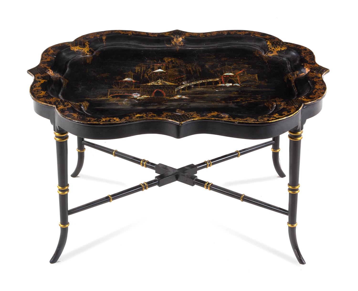 A Victorian Mother of Pearl Inset Lacquer Tray Width 32 inches. — 19TH/20TH CENTURY