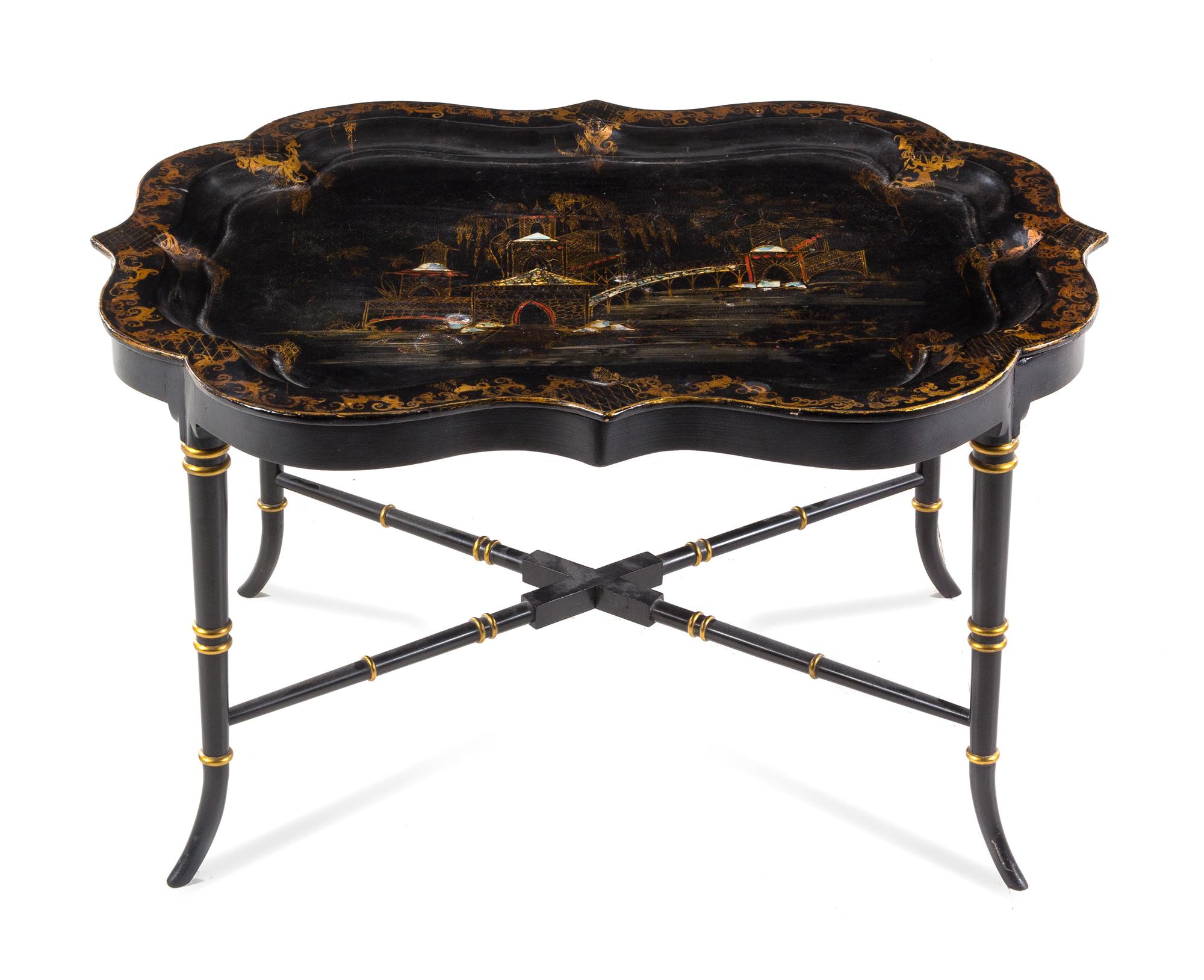 A Victorian Mother of Pearl Inset Lacquer Tray Width 32 inches. — 19TH/20TH CENTURY