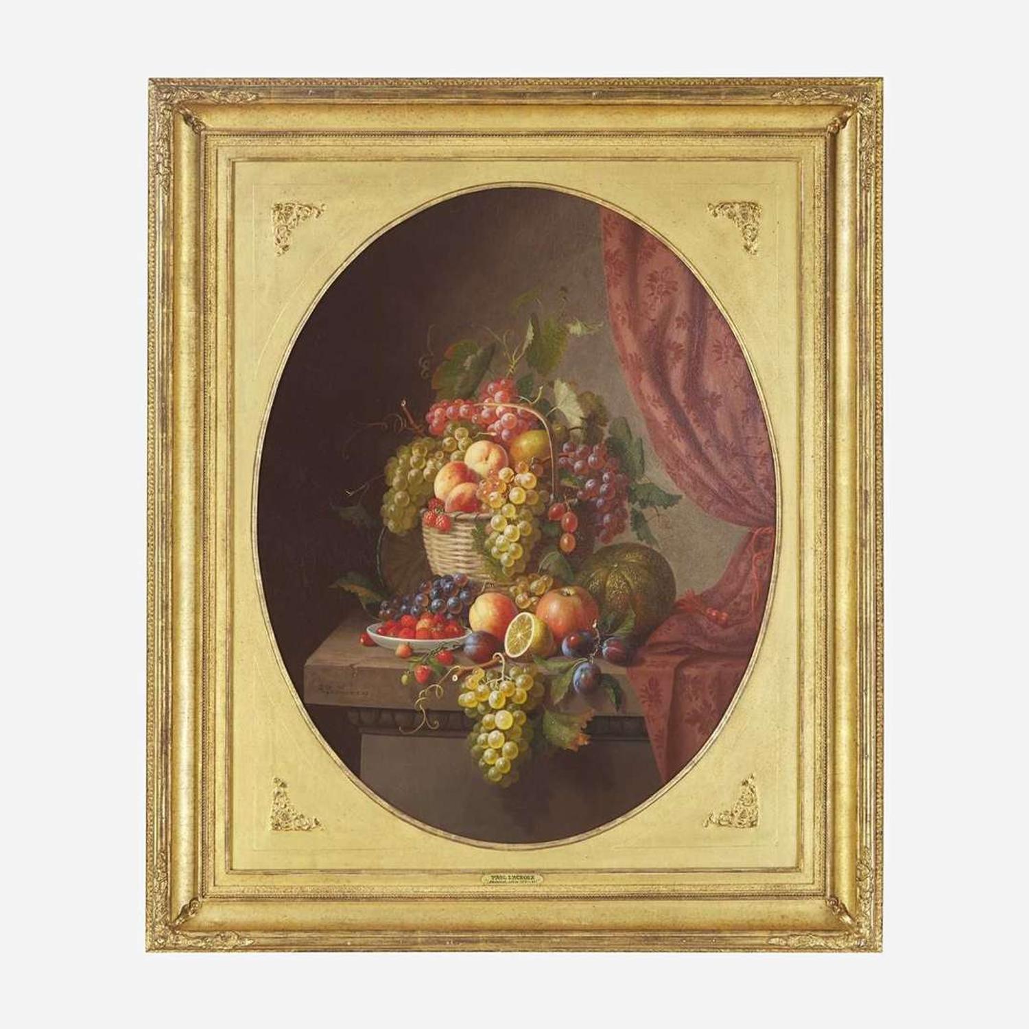Paul LaCroix (American, 1827–1869) Still Life with Basket of Fruit on a Marble Ledge with Crimson Curtain