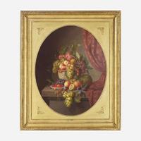 Paul LaCroix (American, 1827–1869) Still Life with Basket of Fruit on a Marble Ledge with Crimson Curtain