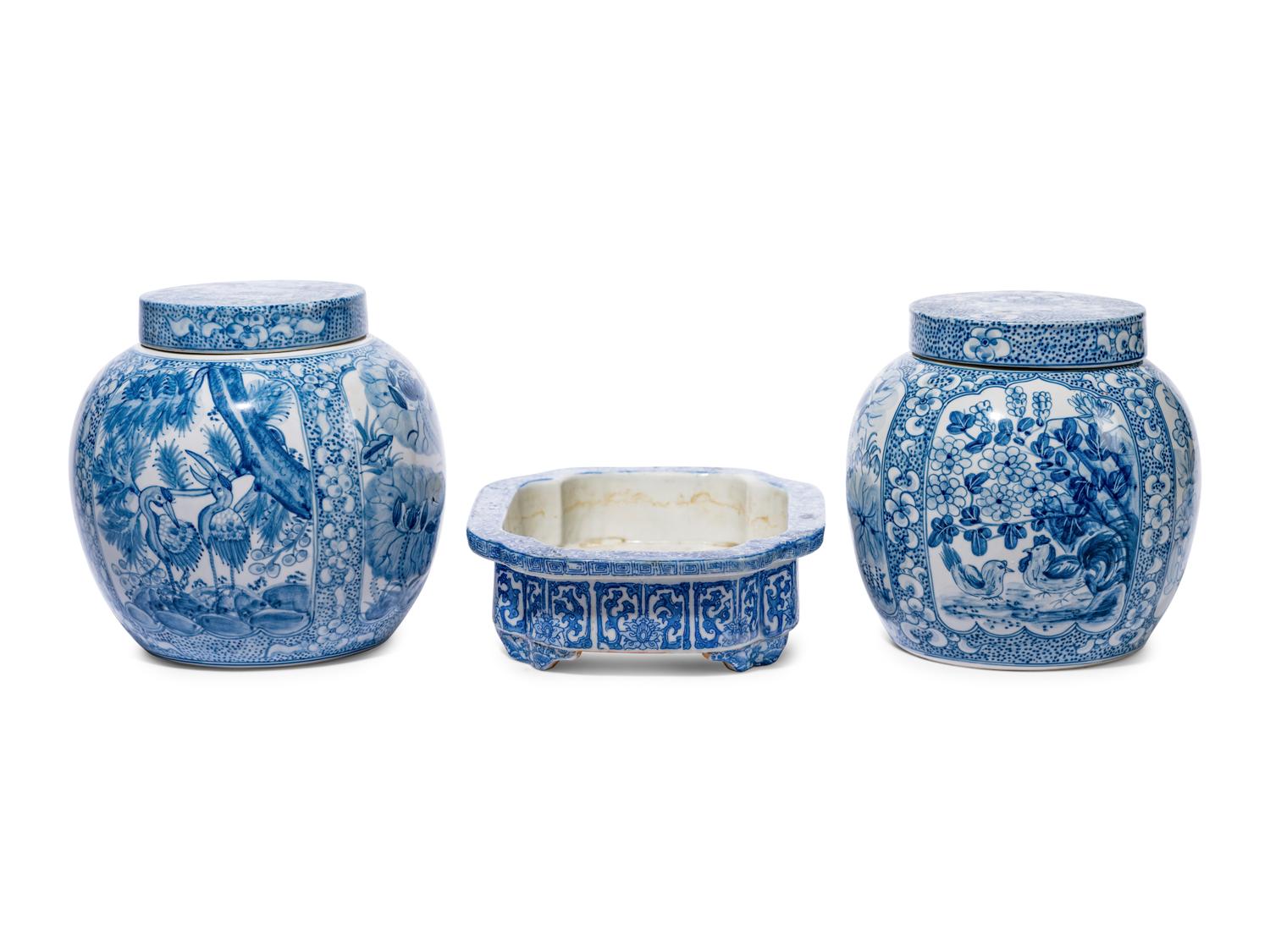 A Pair of Blue and White Porcelain Ginger Jars and a Bulb Dish