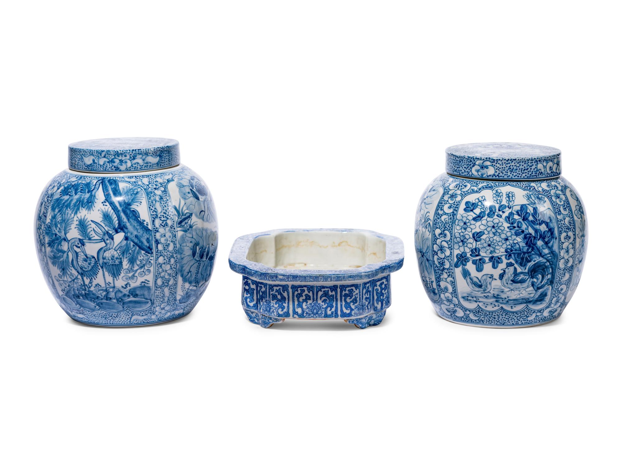 A Pair of Blue and White Porcelain Ginger Jars and a Bulb Dish