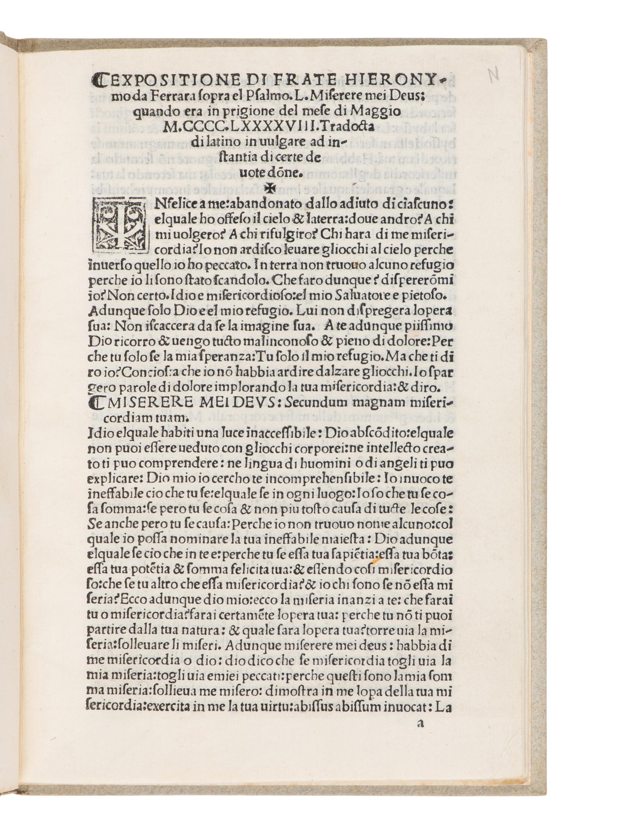 [Early Printing] [Incunable] Savonarola, Girolamo. Expositione di frate Heironymo da Ferrara...