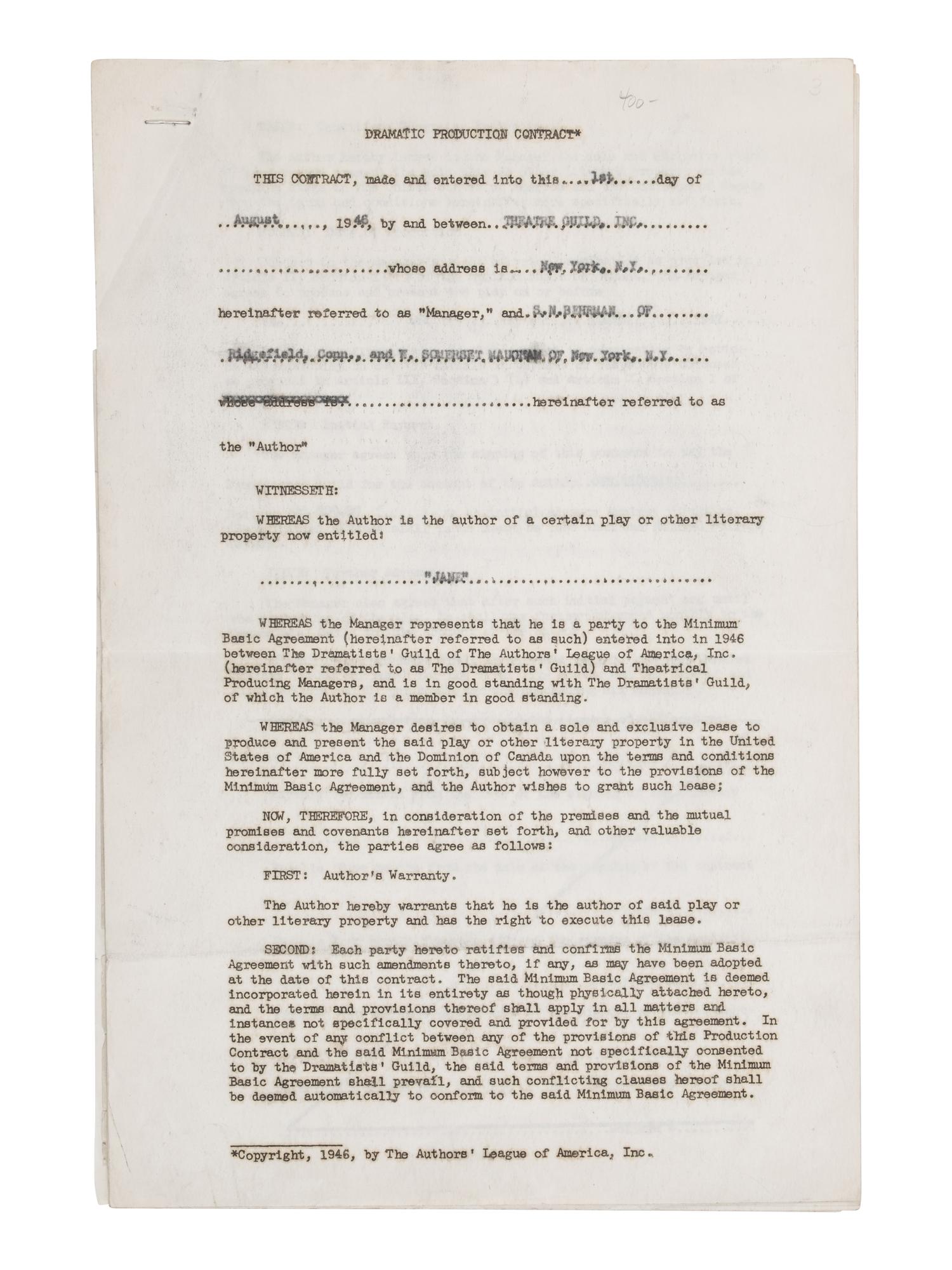 [Literature] Maugham, W. Somerset. Typed Document, signed