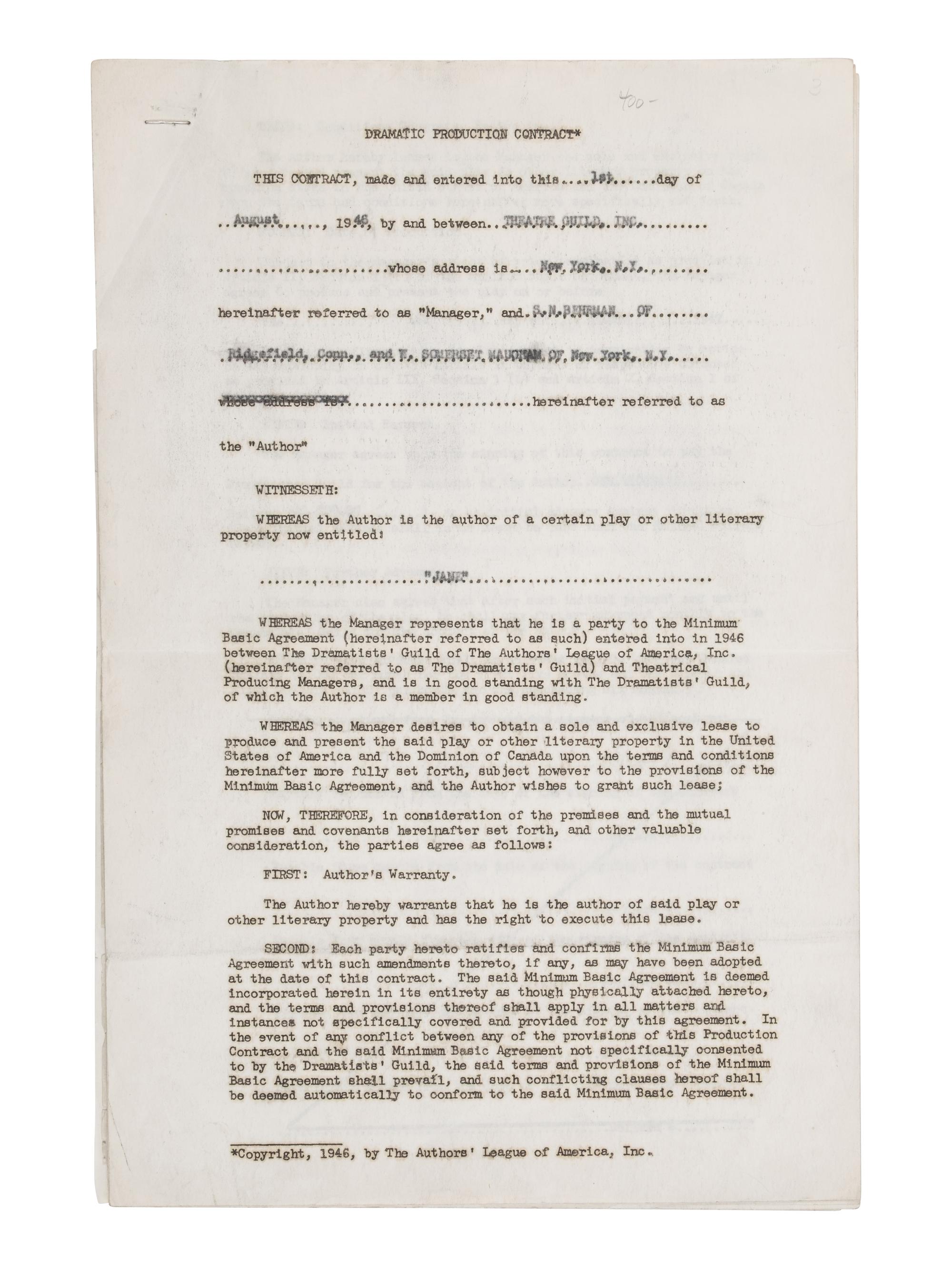 [Literature] Maugham, W. Somerset. Typed Document, signed