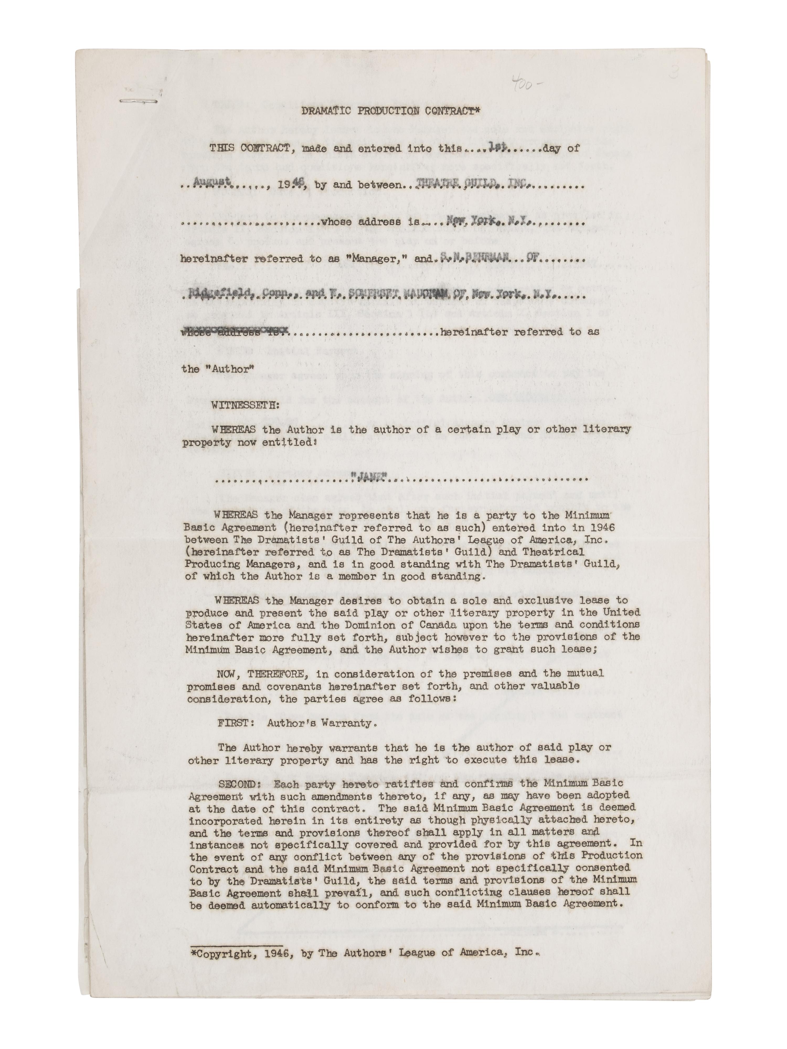 [Literature] Maugham, W. Somerset. Typed Document, signed