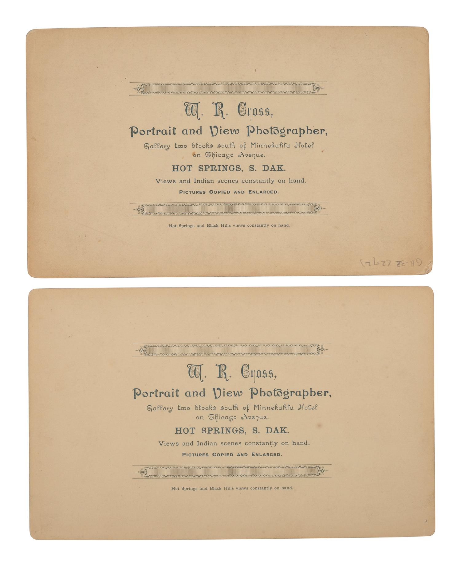 CROSS, W.R. (1839-1907), photographer. Five boudoir photographs of Pine Ridge Agency, incl. views taken in the aftermath of Wounded Knee. Ca 1890-1891.