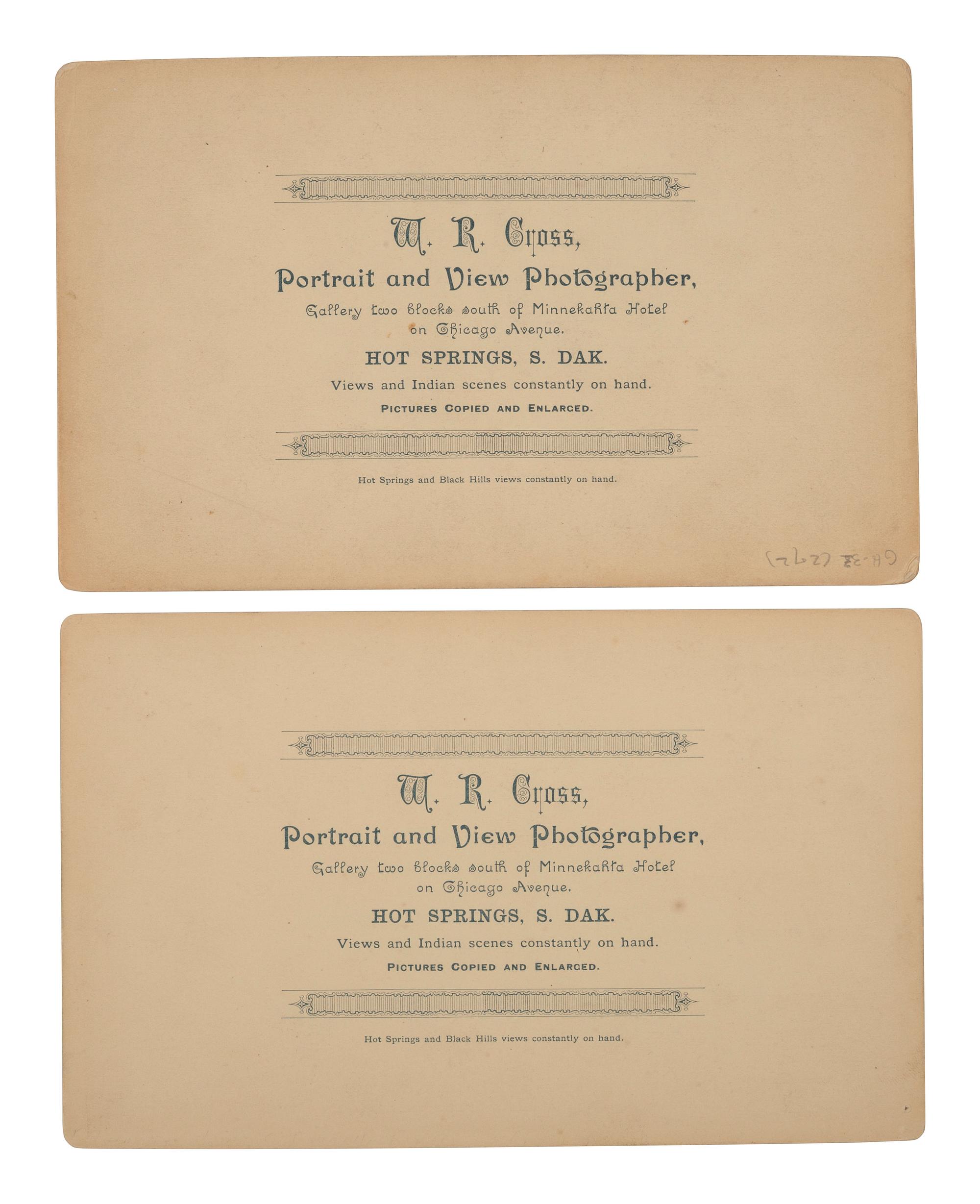 CROSS, W.R. (1839-1907), photographer. Five boudoir photographs of Pine Ridge Agency, incl. views taken in the aftermath of Wounded Knee. Ca 1890-1891.