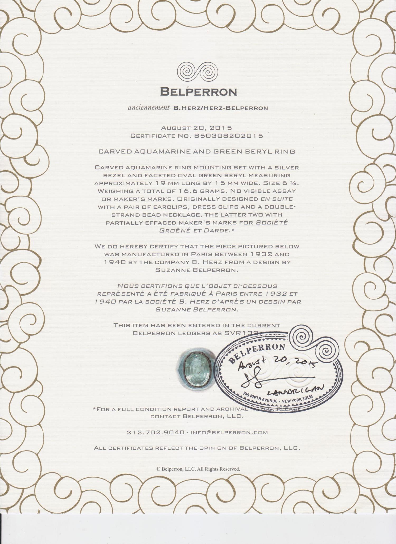 A Silver, Carved Aquamarine and Green Beryl Ring, Suzanne Belperron, 10.70 dwts.