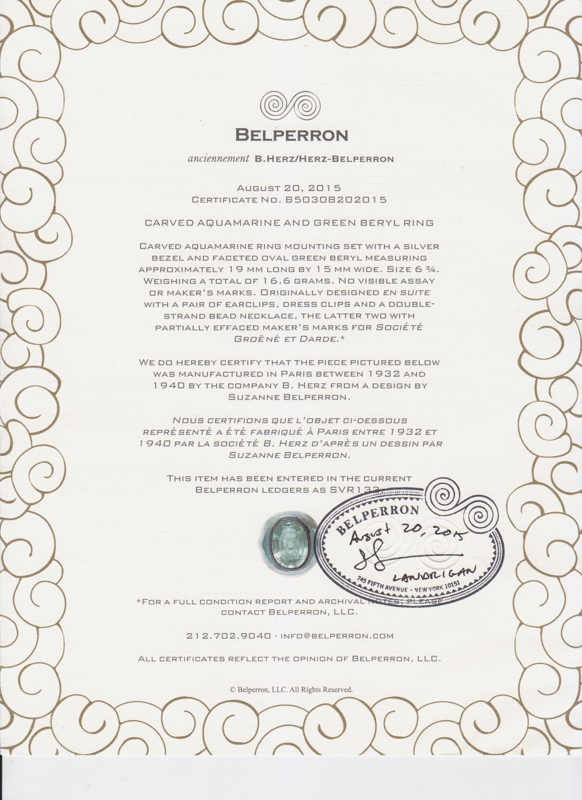 A Silver, Carved Aquamarine and Green Beryl Ring, Suzanne Belperron, 10.70 dwts.