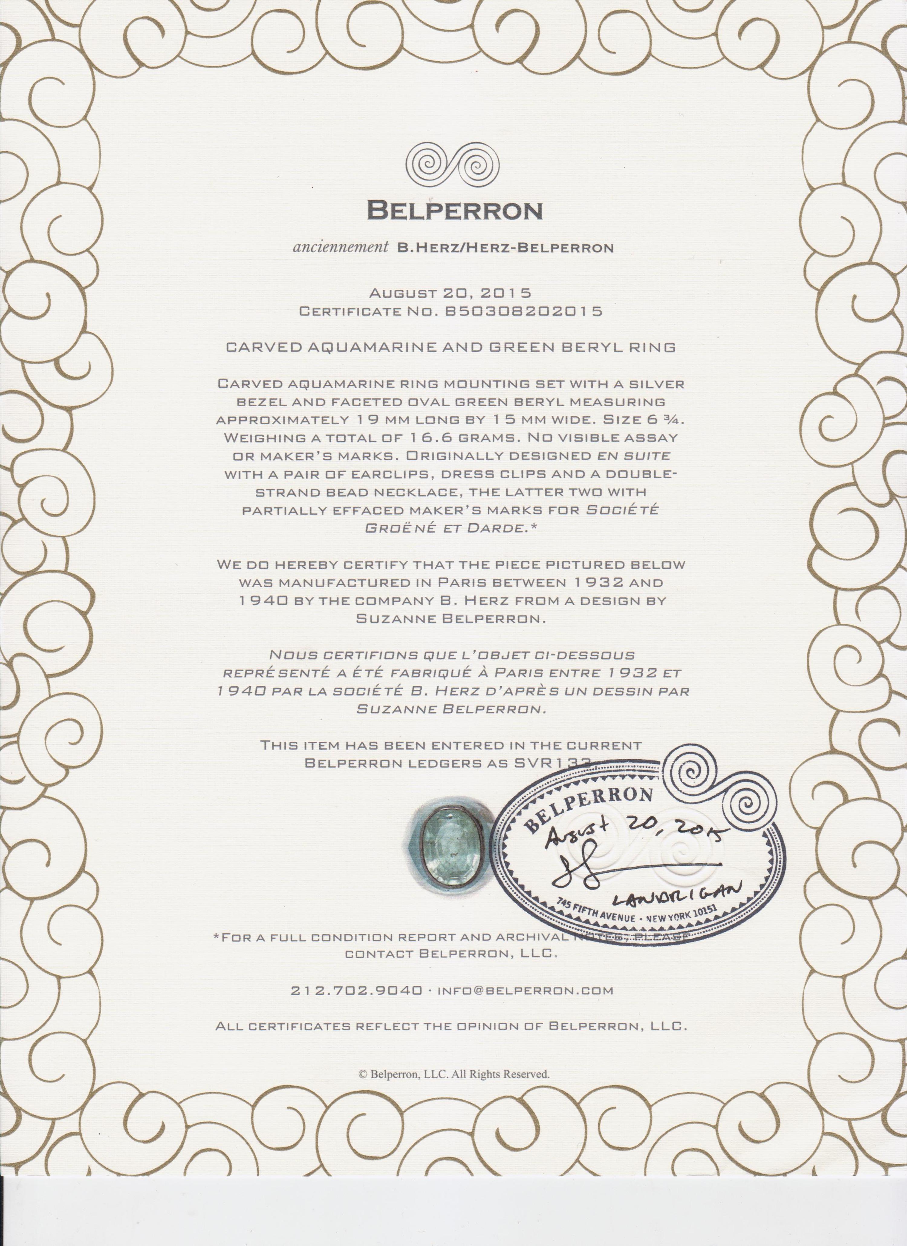 A Silver, Carved Aquamarine and Green Beryl Ring, Suzanne Belperron, 10.70 dwts.