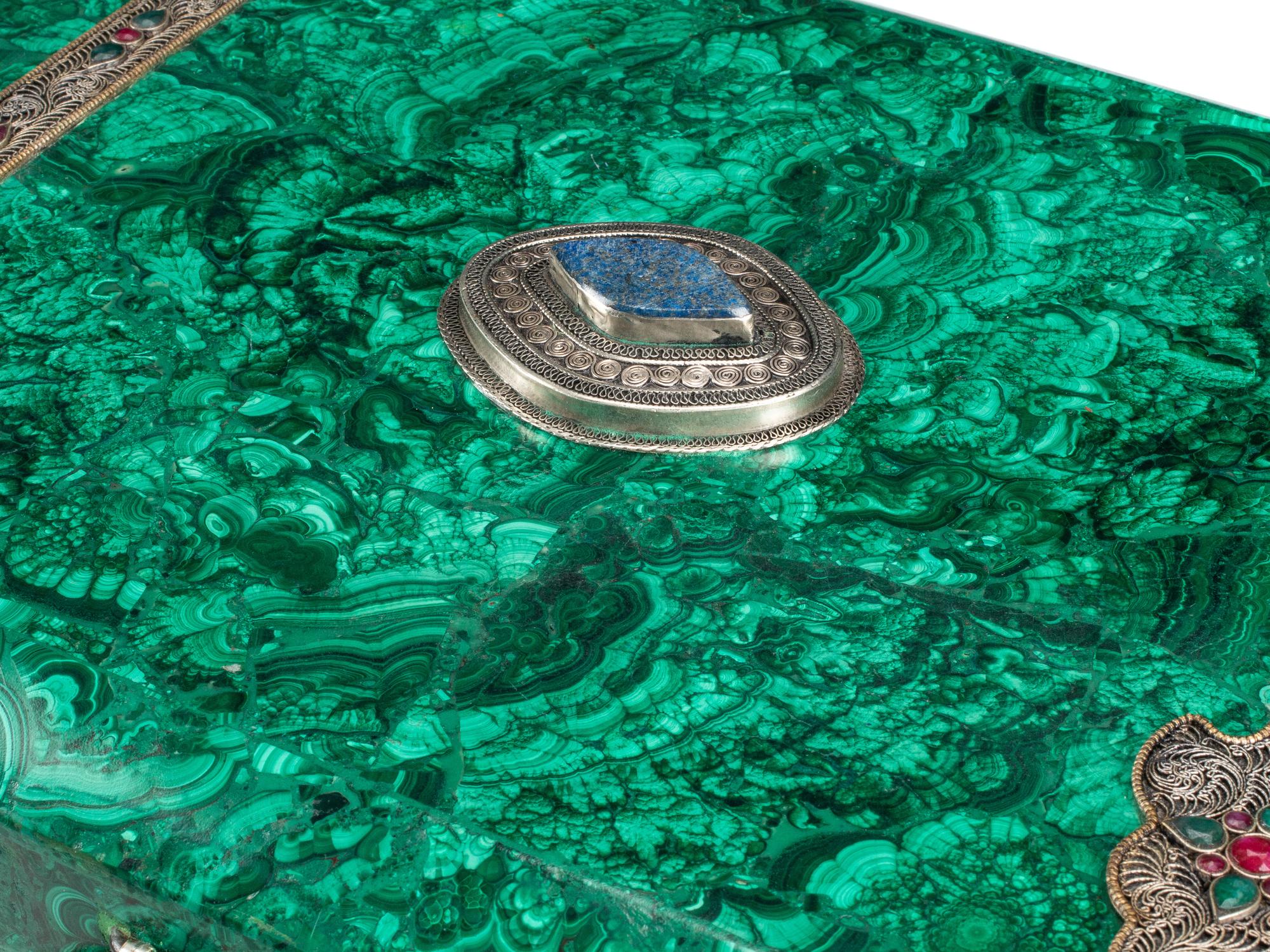 A Large Jeweled Malachite Casket on Stand
