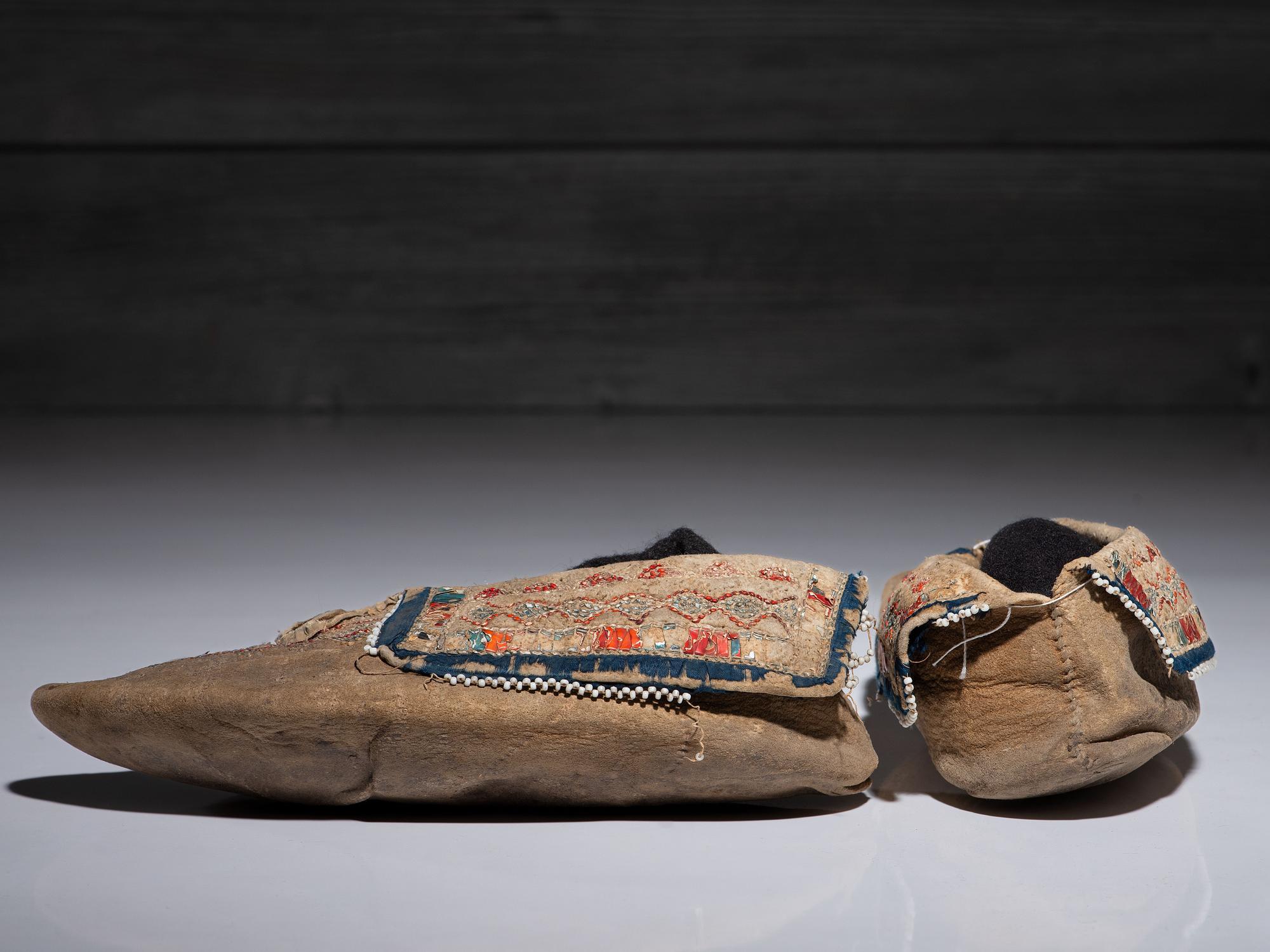 Seneca Quilled and Beaded Hide Moccasins